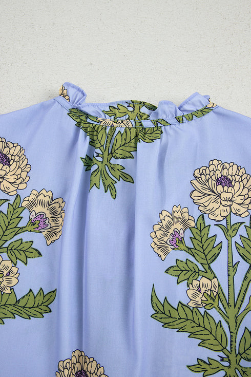 Floral Print Tie Neck Puff Sleeve Button Front Blouse