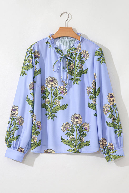 Floral Print Tie Neck Puff Sleeve Button Front Blouse