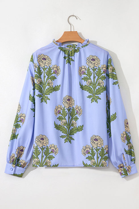 Floral Print Tie Neck Puff Sleeve Button Front Blouse