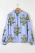 Floral Print Tie Neck Puff Sleeve Button Front Blouse