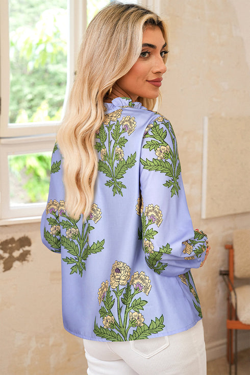 Floral Print Tie Neck Puff Sleeve Button Front Blouse