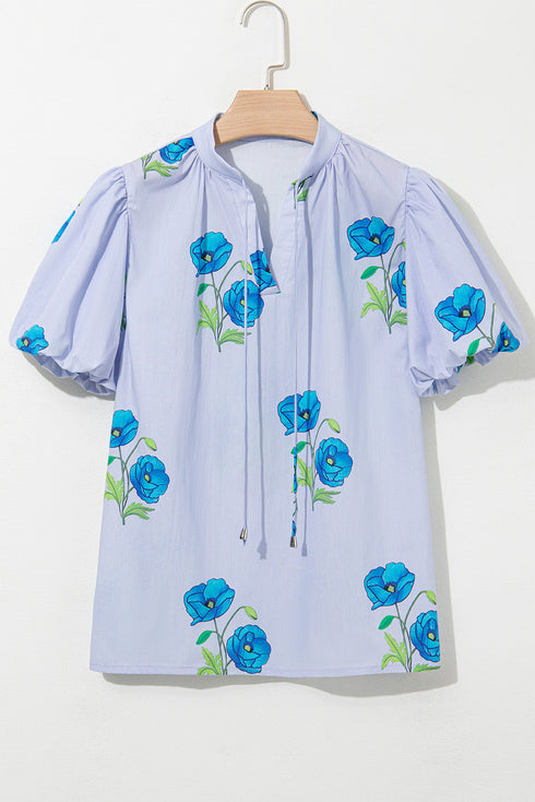 Floral Print Tie Neck Puff Sleeve Cotton Blouse