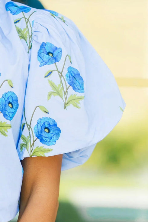 Floral Print Tie Neck Puff Sleeve Cotton Blouse