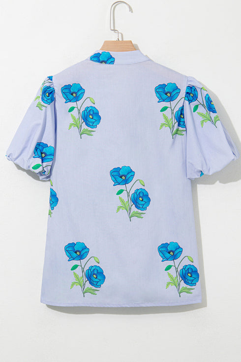 Floral Print Tie Neck Puff Sleeve Cotton Blouse