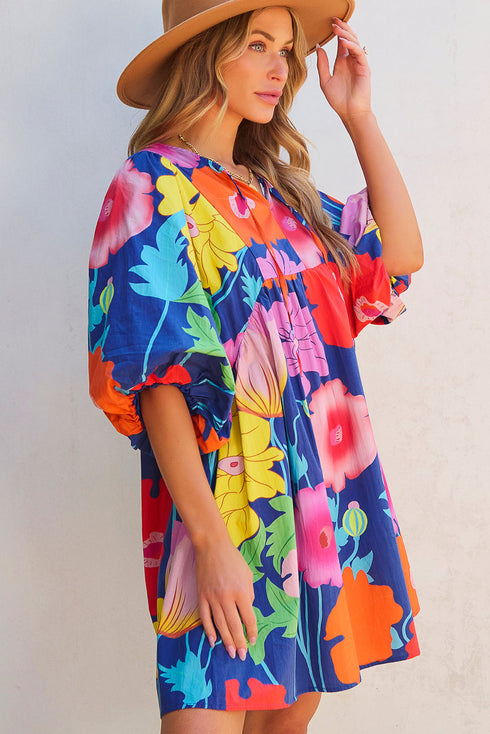Floral Print Tie Neck Puff Sleeve Dress