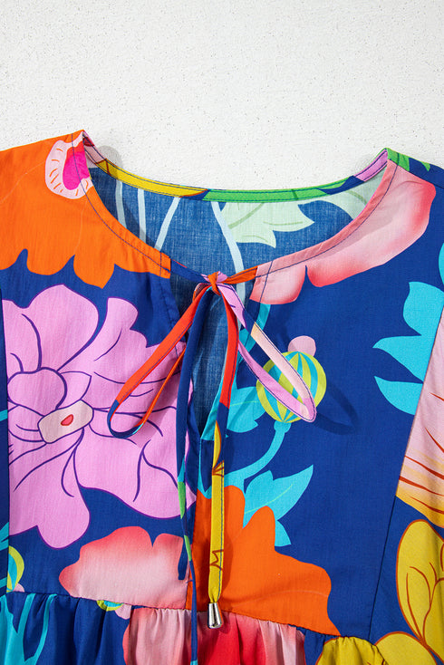 Floral Print Tie Neck Puff Sleeve Dress