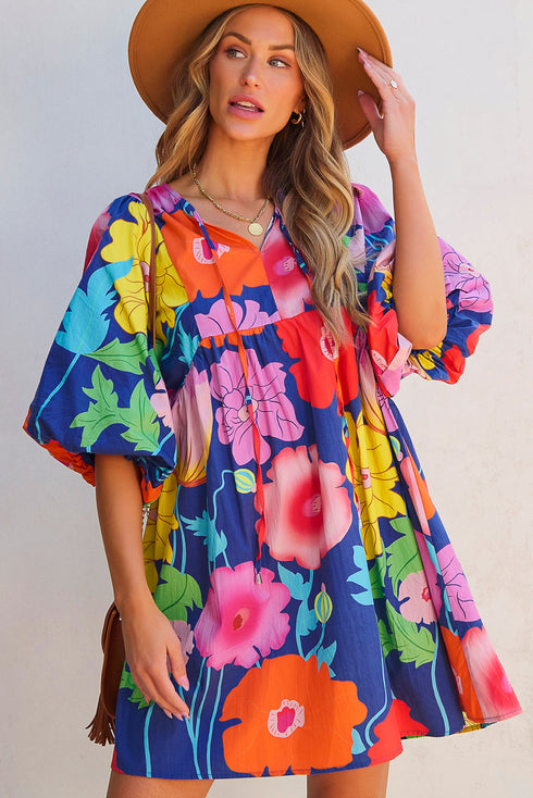 Floral Print Tie Neck Puff Sleeve Dress