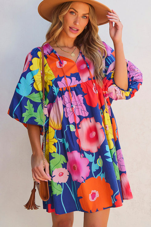 Floral Print Tie Neck Puff Sleeve Dress