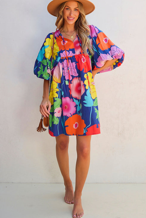 Floral Print Tie Neck Puff Sleeve Dress