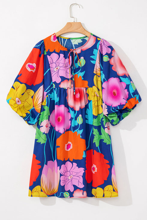 Floral Print Tie Neck Puff Sleeve Dress