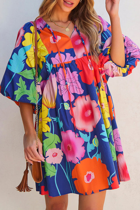 Floral Print Tie Neck Puff Sleeve Dress