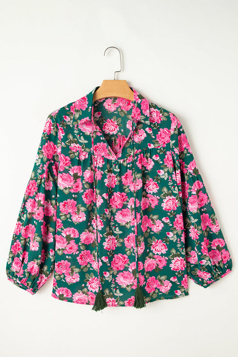 Floral Print Tie Neck Puff Sleeve Southern Belle Blouse