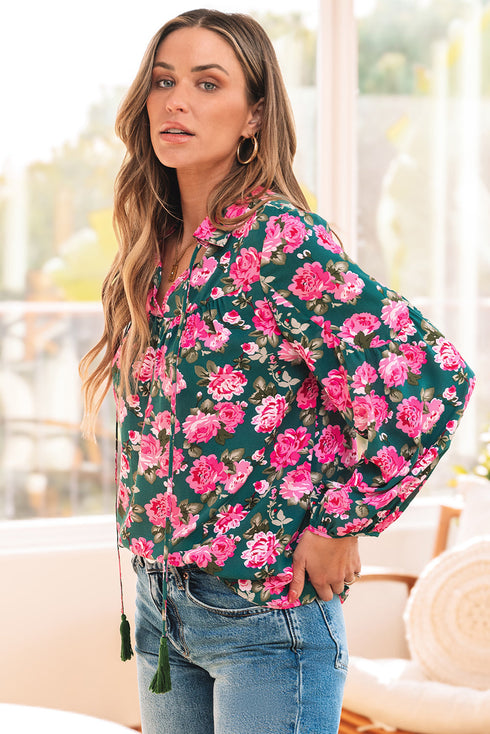 Floral Print Tie Neck Puff Sleeve Southern Belle Blouse
