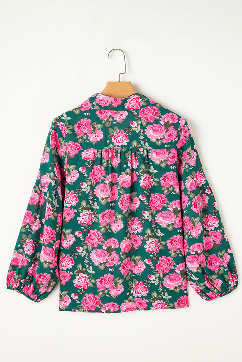 Floral Print Tie Neck Puff Sleeve Southern Belle Blouse