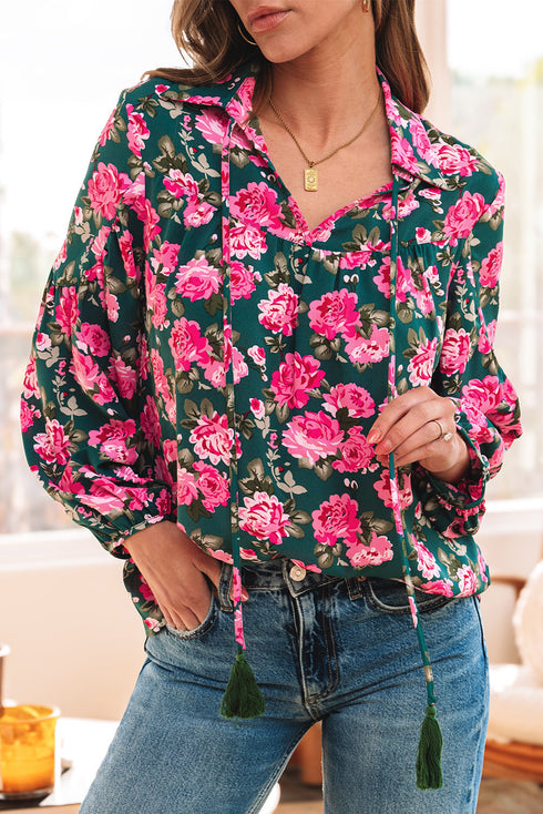 Floral Print Tie Neck Puff Sleeve Southern Belle Blouse
