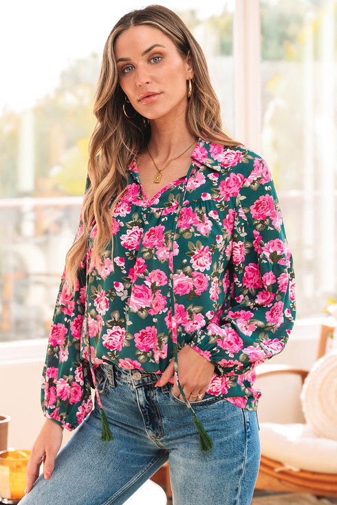 Floral Print Tie Neck Puff Sleeve Southern Belle Blouse