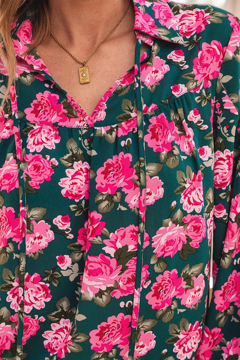 Floral Print Tie Neck Puff Sleeve Southern Belle Blouse