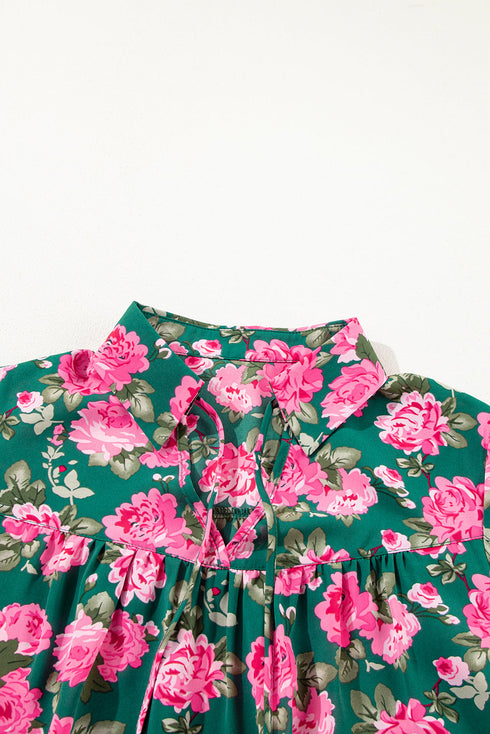 Floral Print Tie Neck Puff Sleeve Southern Belle Blouse