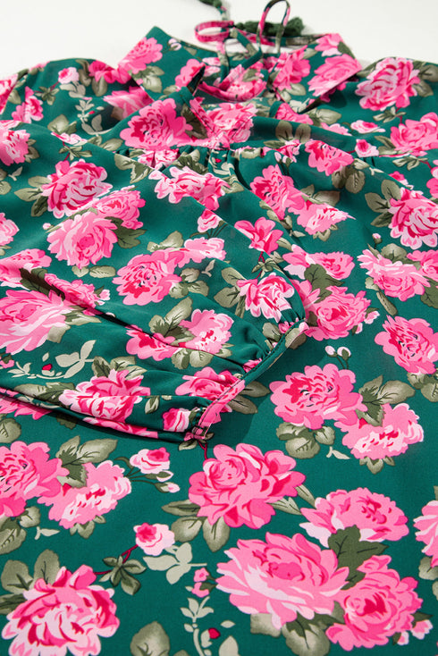 Floral Print Tie Neck Puff Sleeve Southern Belle Blouse