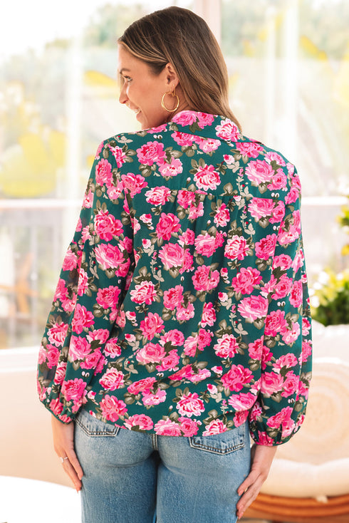 Floral Print Tie Neck Puff Sleeve Southern Belle Blouse