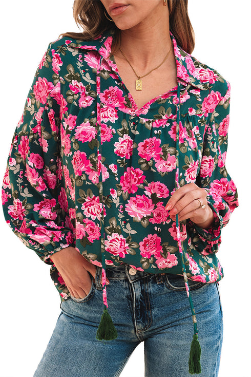 Floral Print Tie Neck Puff Sleeve Southern Belle Blouse