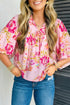 Floral Print Tie Neck Puffy Half Sleeve Blouse