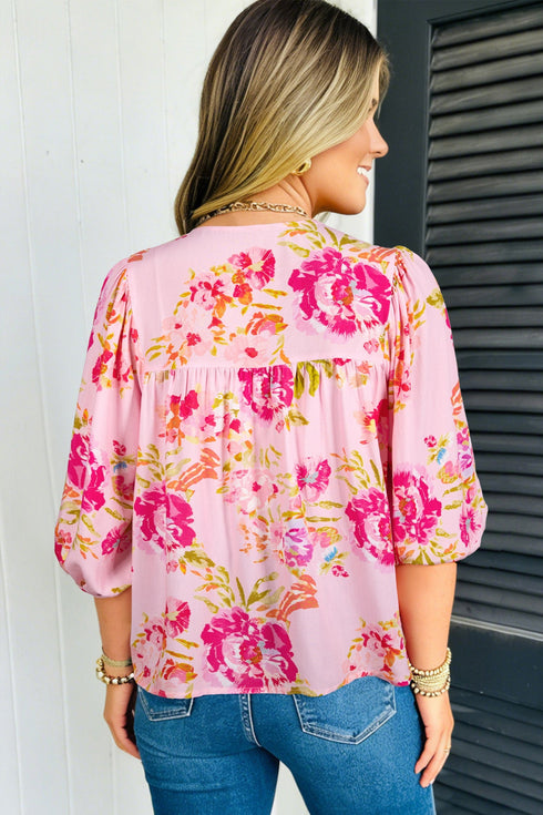 Floral Print Tie Neck Puffy Half Sleeve Blouse