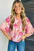 Floral Print Tie Neck Puffy Half Sleeve Blouse