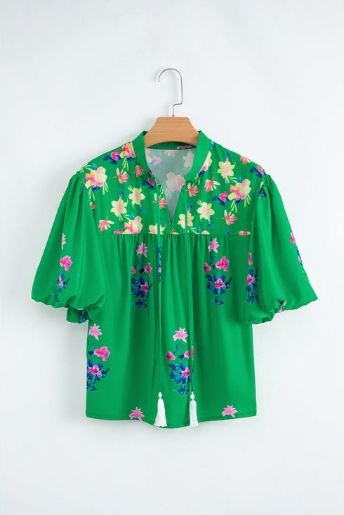 Floral Print Tie Split Neck Short Sleeve Woven Blouse