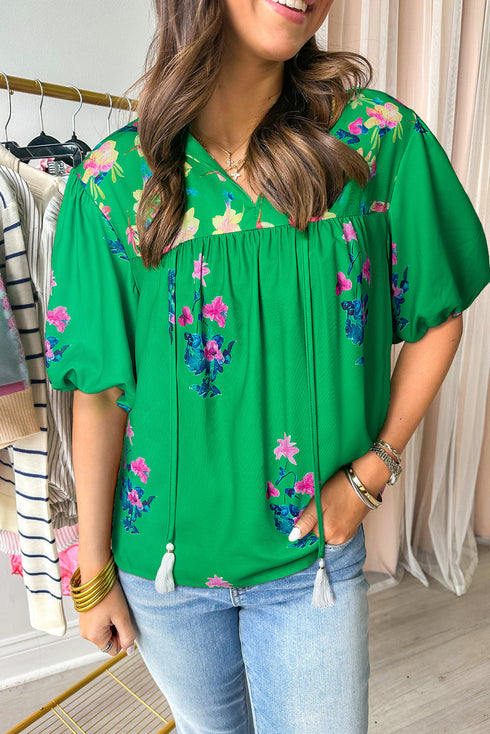 Floral Print Tie Split Neck Short Sleeve Woven Blouse