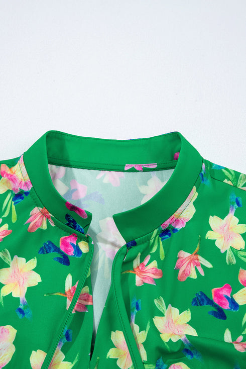 Floral Print Tie Split Neck Short Sleeve Woven Blouse