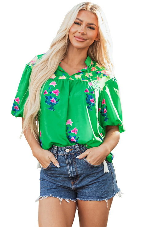 Floral Print Tie Split Neck Short Sleeve Woven Blouse