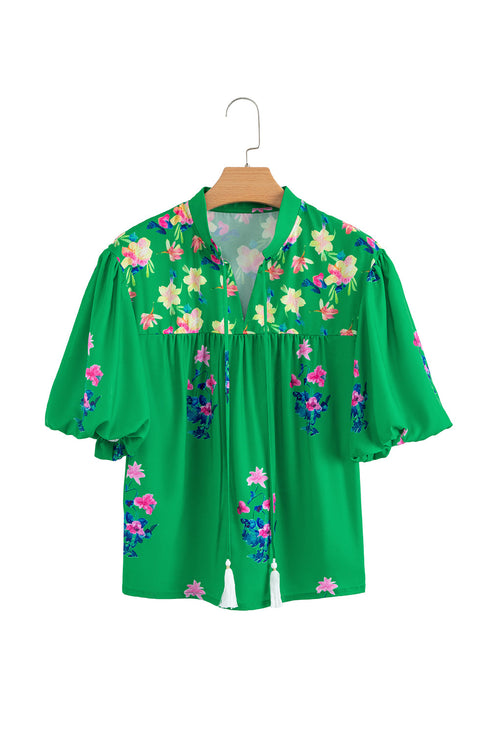 Floral Print Tie Split Neck Short Sleeve Woven Blouse