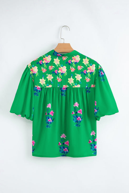 Floral Print Tie Split Neck Short Sleeve Woven Blouse