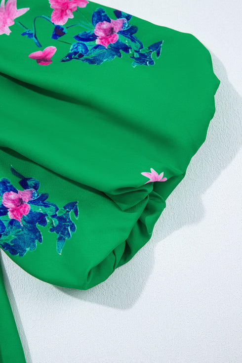 Floral Print Tie Split Neck Short Sleeve Woven Blouse