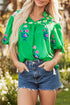 Floral Print Tie Split Neck Short Sleeve Woven Blouse