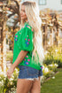 Floral Print Tie Split Neck Short Sleeve Woven Blouse
