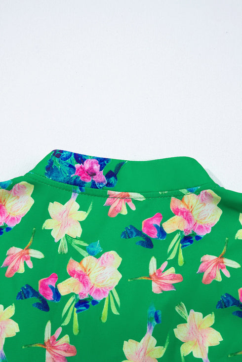 Floral Print Tie Split Neck Short Sleeve Woven Blouse