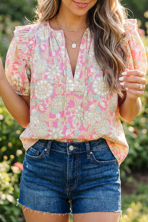 Floral Print Tie V Neck Short Puff Sleeve Blouse