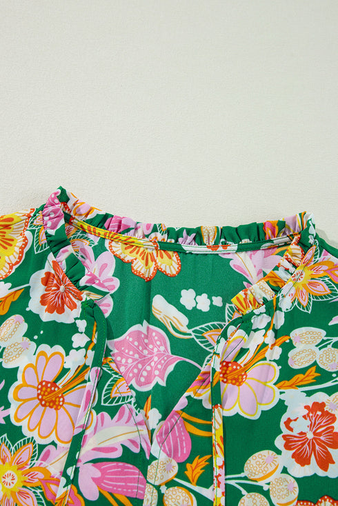 Floral Print Tied V Neck Long Sleeve Babydoll Blouse