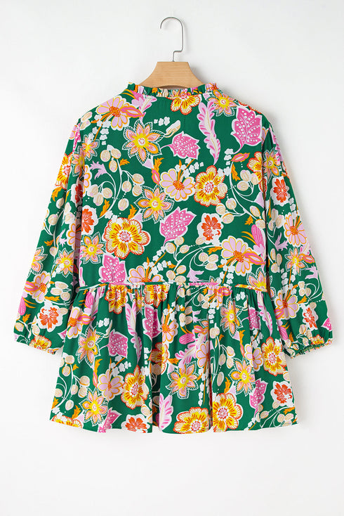 Floral Print Tied V Neck Long Sleeve Babydoll Blouse