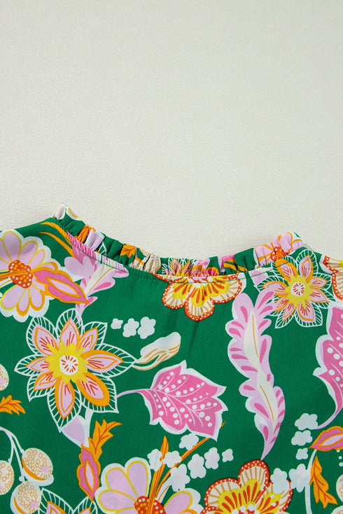 Floral Print Tied V Neck Long Sleeve Babydoll Blouse
