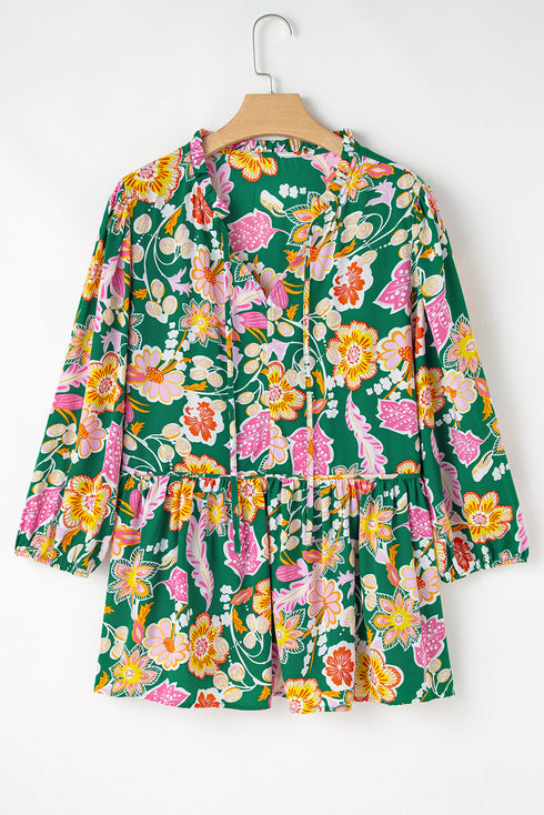 Floral Print Tied V Neck Long Sleeve Babydoll Blouse