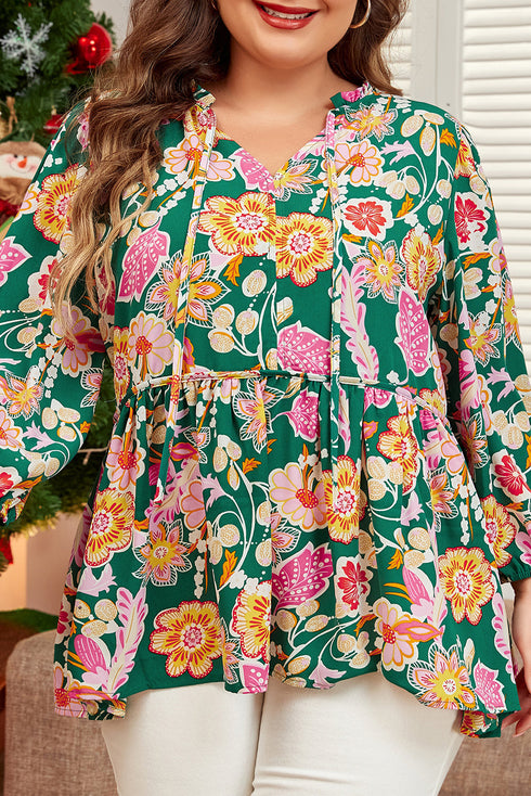 Floral Print Tied V Neck Long Sleeve Babydoll Blouse