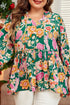 Floral Print Tied V Neck Long Sleeve Babydoll Blouse
