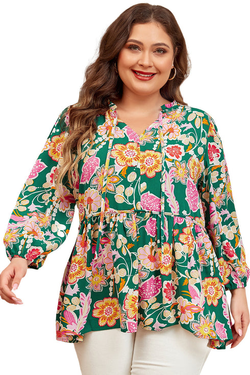 Floral Print Tied V Neck Long Sleeve Babydoll Blouse