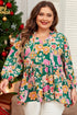 Floral Print Tied V Neck Long Sleeve Babydoll Blouse