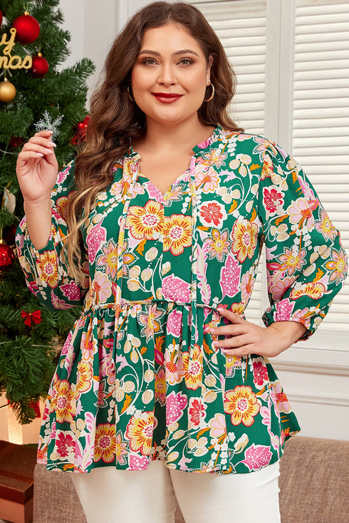 Floral Print Tied V Neck Long Sleeve Babydoll Blouse