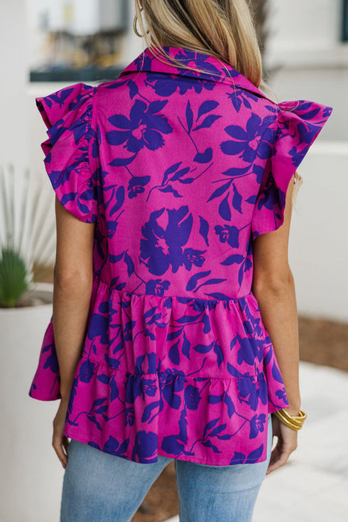 Floral Print Tiered Flutter Sleeve Collared Blouse