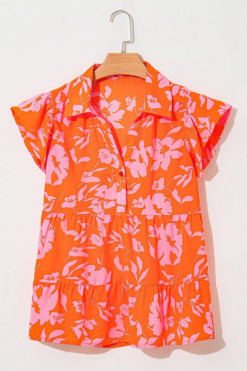 Floral Print Tiered Flutter Sleeve Collared Blouse